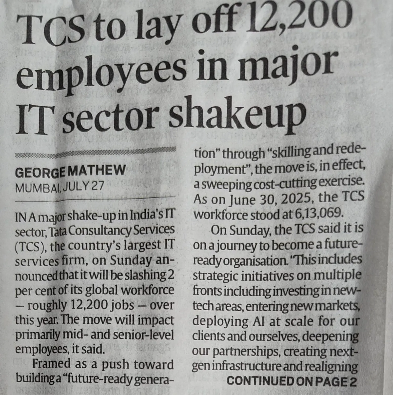 Newspaper clipping about career stress